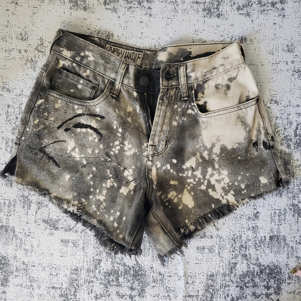 GYPSYWOLF Denim Bleach Tie Dyed Black and White Frayed Festival Jean Shorts